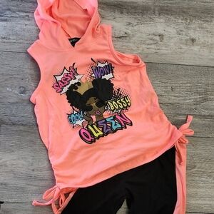 Mini Bossy Queen Knit Hooded Biker Short Set-Neon Coral